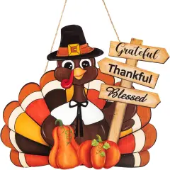 Thankful Blessed Grateful Turkey Sign Fall Decor