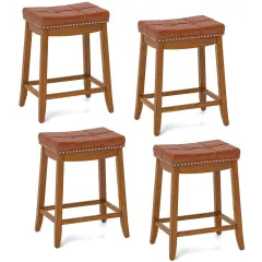 Costway Saddle Bar Stools Set of 2/4 with PU Leather Seat Solid Rubber Wood Frame Footrest