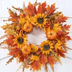 24 Inch Fall Wreath with Pumpkins Sunflowers