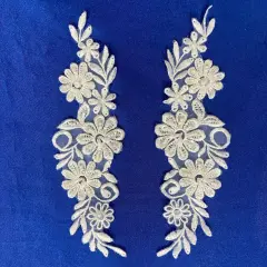 1 Pair Beaded Lace Applique Embroidered on 100% Polyester Organza 9" x 2.5" Each Side Ivory