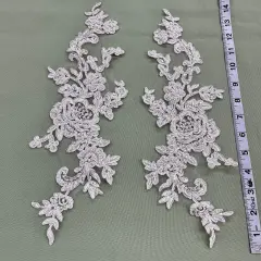 1 Pair Beaded & Corded Floral Lace Applique Embroidered on 100% Polyester Net Mesh 15" X 3.5" Each Side Ivory