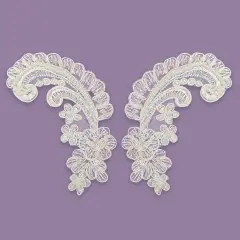 1 Pair Beaded & Corded Floral Lace Applique 2" x 5.5" Each Side White