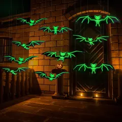 12 Pcs Hanging Bats Halloween Decor - Glow Bats