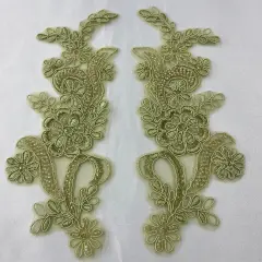 1 Pair Beaded & Corded Floral Lace Applique 9" x 2.5" Each Side Sage