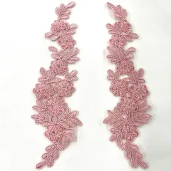 1 Pair 9.5" x 2" Each Side Beaded & Corded Floral Lace Applique Embroidered on 100% Polyester Net Mesh Blush