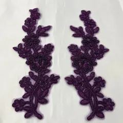 1 Pair Beaded & Corded Floral Lace Applique 10" x 2" Each Side Purple