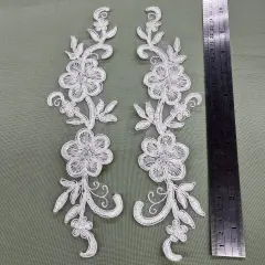 1 Pair Beaded & Corded Lace Applique 10" x 2" Each Side Ivory