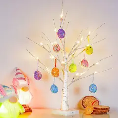 Easter Decorations kemooie 24 Inch Pre-lit White Birch Tree with 10 Hanging Easter Egg Ornaments, 24 Led Lights Battery Operated Easter Table Centerpiece for Party Birthday Home Spring Decoration