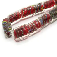 11 18mm Red with Yellow and Blue Striped Lampwork Glass Tube Beads