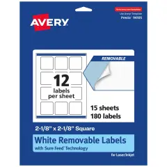 Avery Matte White Removable Square Labels with Sure Feed Technology, Print-to-the-Edge, 2-1/8" x 2-1/8"