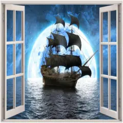 3D Pirate Ship Fake Windows Wall Sticker - 23.6"x17.3"
