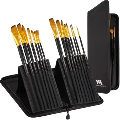 15-pc Acrylic Paint Brushes Set with Case - Acrylic, Oil, Watercolor Brush Set - 15 All-Purpose Paint Brushes with Zip-Up Case