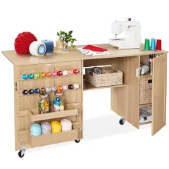 Best Choice Products Large Portable Multipurpose Folding Sewing Table w/ Magnetic Doors, Craft Storage Light Brown