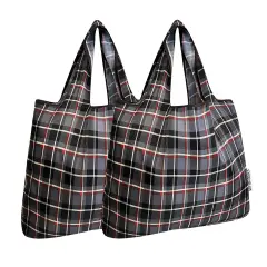 Wrapables Foldable Tote Nylon Reusable Grocery Bag (Set of 2), Black Plaid