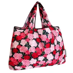 Wrapables Large Foldable Tote Nylon Reusable Grocery Bags, Pink Roses