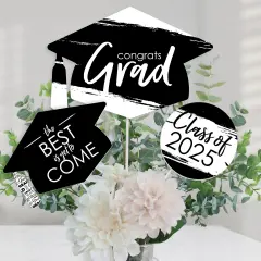Big Dot of Happiness Black and White 2025 Graduation Party Centerpiece Sticks - Table Toppers - Set of 15