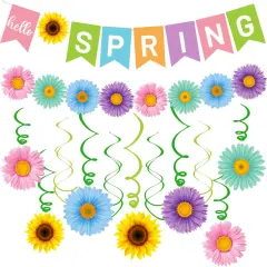 Hello Spring Banner Colorful Spring Flower Hanging Swirls Spring Sun Flowers Daisy Pattern Hanging Banner for Spring Easter Party Decorations Mantle Fireplace Indoor Outdoor Home Classroom Decorations