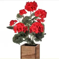 16.5" Artificial Red Geranium Plant in Wooden Box | Faux Floral Tabletop D&eacute;cor