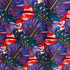 1 Yard All Over Monstera Leaf Rayon Poplin Fabric 36" x 45", Length x Width Purple/Teal/R