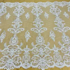 1 Yard Beaded & Corded Bridal Lace Fabric, Embroidered Mesh Net, 51&rdquo; Wide, 100% Polyester White