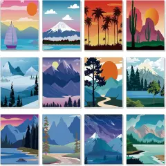 12 Pcs Pre Drawn Canvas Set for Adults(Landscape,8 x 8 Inch)