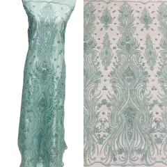 1 Yard Beaded Lace Fabric, 52" Embroidered Polyester Net Mesh Fabrication Mint
