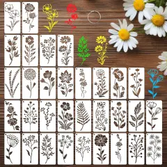 32 Pcs Wildflower Stencils for Painting on Wood, Reusable Flower Leaf