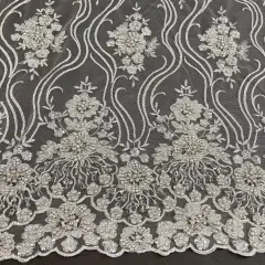 1 Yard Elegant Beaded Lace Fabric Embroidered on 100% Polyester Net Mesh 51 inch Width Silver