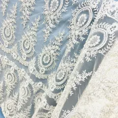 1 Yard White Beaded & Corded Embroidered Lace Fabric, 100% Polyester Mesh, 48" Wide, Elegant Fabrication for Gowns & D&eacute;cor White with Silver