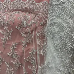 1 Yard Elegant Corded Bridal Lace Fabric Embroidered on 100% Polyester Net Mesh 51 inch Width Silver