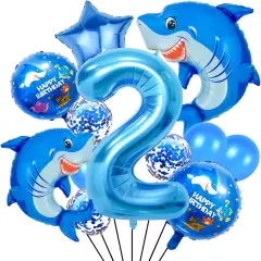 40 Inch 2 Balloon Number, Cute Blue Shark Balloons, Giant Foil 2 Birthday Balloon (shark-2)