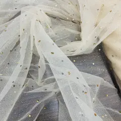 1 Yard Glitter Mesh Fabric with Scattered Rhinestones 60" Wide, 2-Way Stretch Sparkle Mesh for Gowns, Bridal Wear & Costumes Champagne