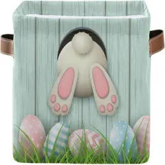 Easter Basket with Handles, Easter Bunny Bottom with Pink and Blue Eggs Foldable Fabric Collapsible Storage Bins Organizer Bag for Storage Clothes