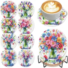 Diamond Art Coasters Kit - 8 Pieces Flowers Diamond Painting Coasters, DIY Diamond Art Kits for Adults Coasters, Diamond Round Dot Crafts Kits for Beginners