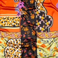 1 Panel Silk Charmeuse with Bold Lime, Orange and Amethyst Floral Patchwork for Couture Designs 55" Wide