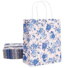 Sparkle and Bash 24-Pack Floral Gift Bags with Handles for Birthdays, Weddings, Bridal or Baby Showers - Rose Flower Print, Blue (8 x4x10 In)