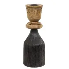 Black & Wood Taper Candle Holder 8.25"