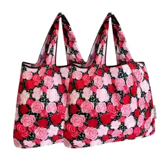 Wrapables Foldable Tote Nylon Reusable Grocery Bag (Set of 2), Pink Roses