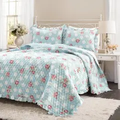 Reversible Thin Lightweight Floral Quilt Set with Ruffle Edges for Summer Night Bedding