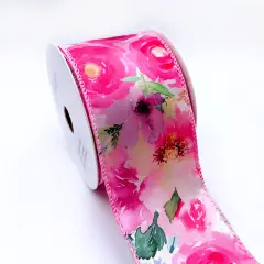 Designer's Shop WR 63-5199 Spring Summer Pink-Red Wild Rose floral and green leaf on white satin wired edge ribbons, 2.5" x 10 yards