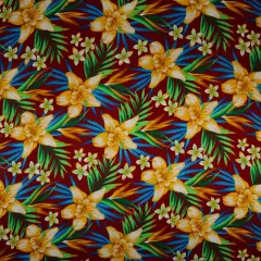 1 Yard Hippeastrum Plumeria Birds of Paradise Palm Leaves Rayon Challis Fabric 45" Wide Burgundy