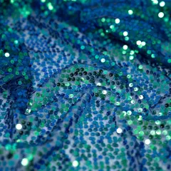 1 Yard Premium Mandy Mesh Sequin Fabric, 58" Cut Width, 50" Usable Width, 92% Polyester, 8% Spandex Peacock