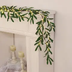 Olive Garland with Lights, 6FT Lighted Mantel Decor with Timer, Artificial Spring Greenery Pre-lit Twig Decor for Mantle Fireplace Wedding Stairs