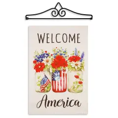G128 Combo Pack Garden Flag Hanger 14IN & Garden Flag Welcome America Mason Jars Printed 12x18IN Double Sided Yard Garden Lawn Decoration