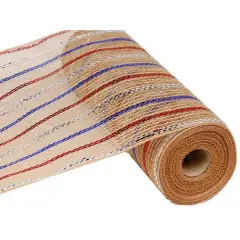 10" Poly Jute Deco Mesh Ribbon: Natural Patriotic Metallic Foil Stripes
