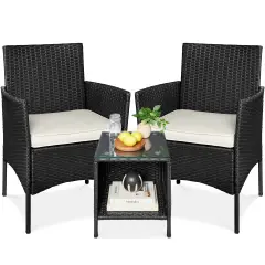 Best Choice Products 3-Piece Outdoor Wicker Conversation Patio Bistro Set, w/ 2 Chairs, Table Black/White Sand