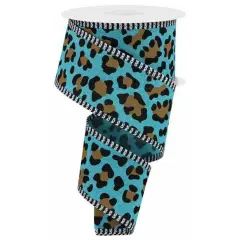 2.5" Leopard Print Thin Stripe Ribbon: Light Teal (10 Yards)