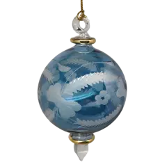 Etched Blown Glass Ball Ornament - Blue