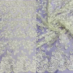1 Yard Corded Bridal Lace Fabric Embroidered Elegant Mesh Dress 51" Width Ivory with Silver