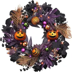 Pre-Lit Jack-o'-Lantern Pumpkin Wreath Halloween Decorations